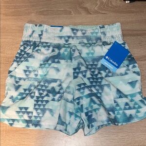 Women’s Columbia Blue Athletic Shorts with Geometric Pattern. Size Small